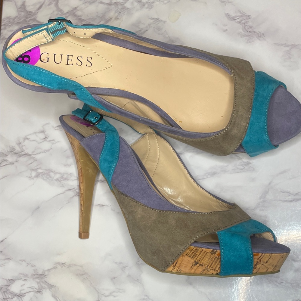 Guess Ruby 2.0 turquoise, gray , & lavender sling back platform heels size 8 1/2
